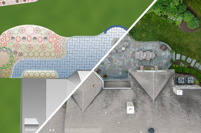 Split aerial view showing a landscape design plan on the left and the completed bluestone patio installation on the right, by Eastern Horticultural Services