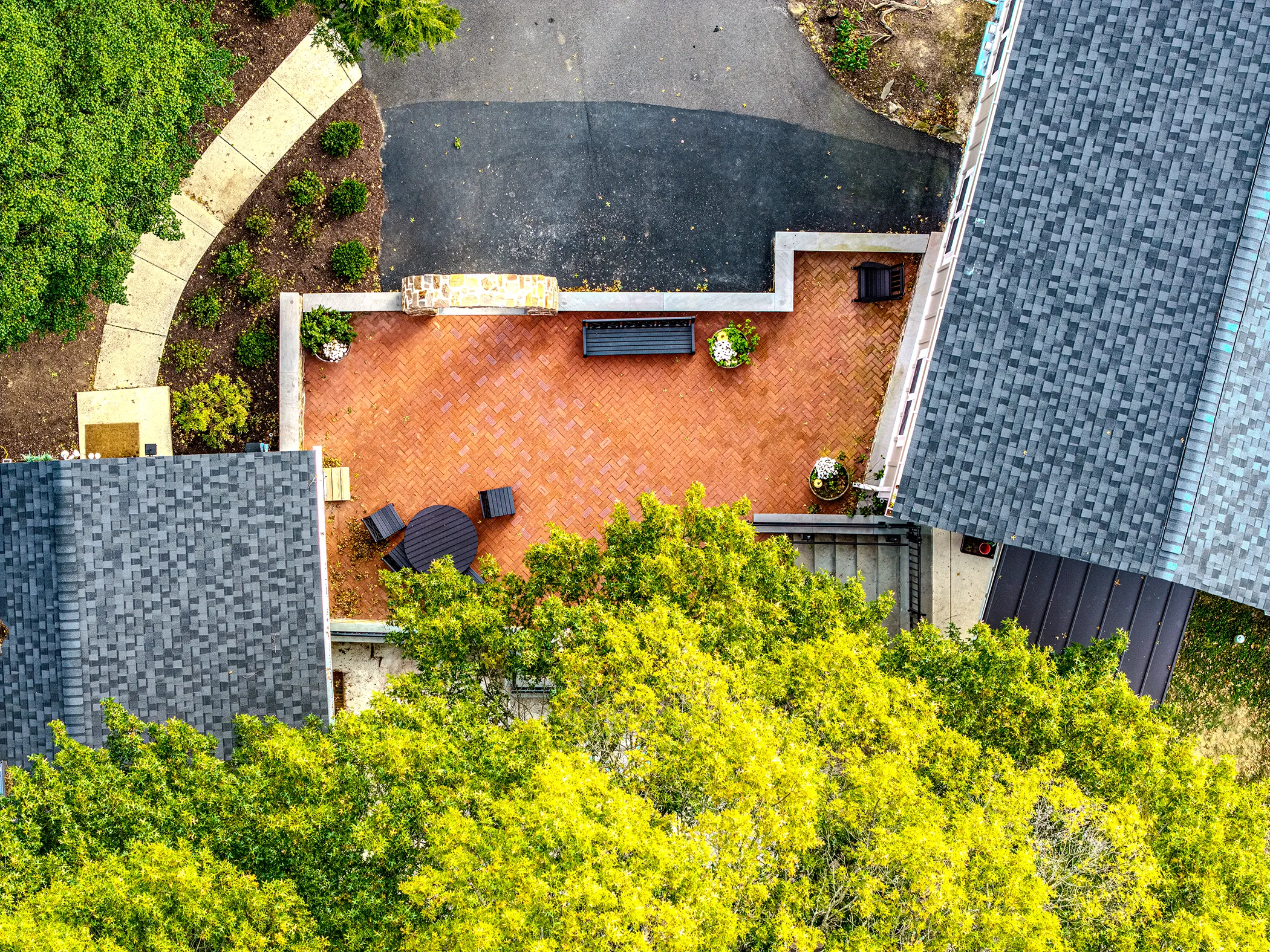 Overhead aerial view of red herringbone brick paver courtyard at Fairville Friends School, Chadds Ford, PA