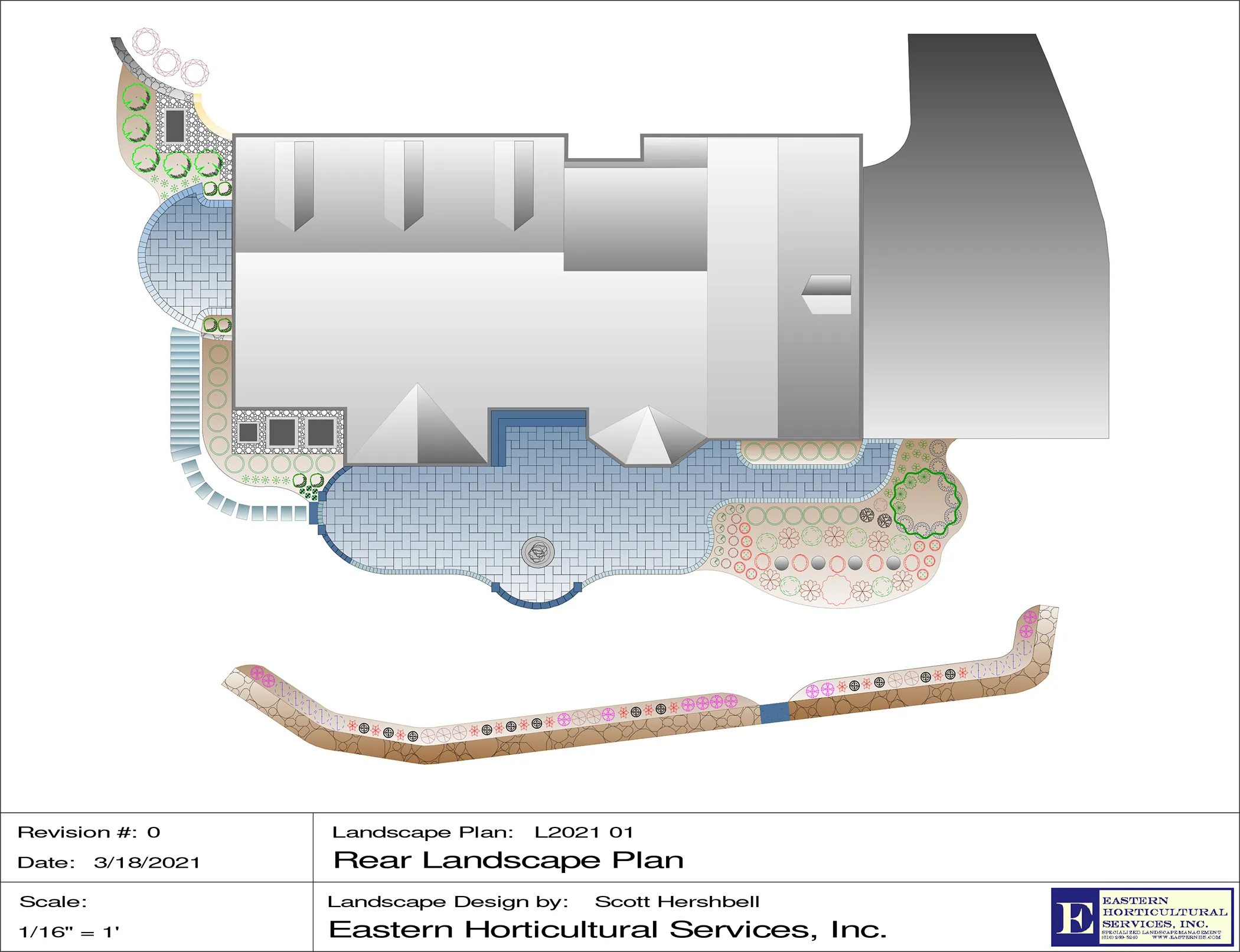 EHS rear landscape design plan for Kennett Square residence, designed by Scott Hershbell, Eastern Horticultural Services 2021