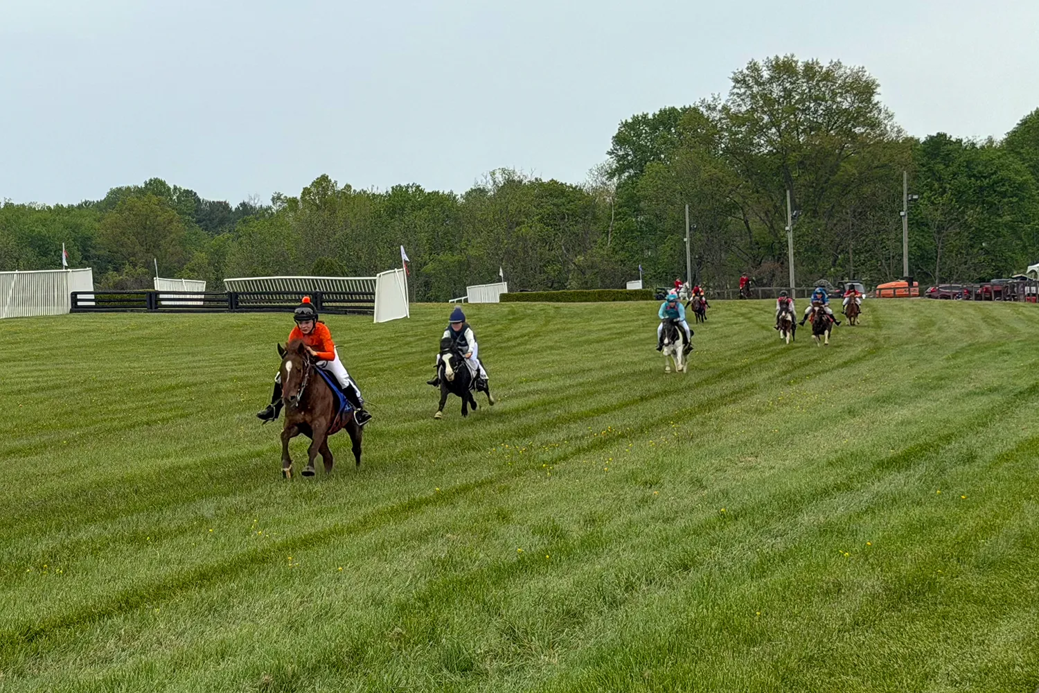 Young riders on ponies racing across the grass field at the 2026 Willowdale Steeplechase in Kennett Square Pennsylvania