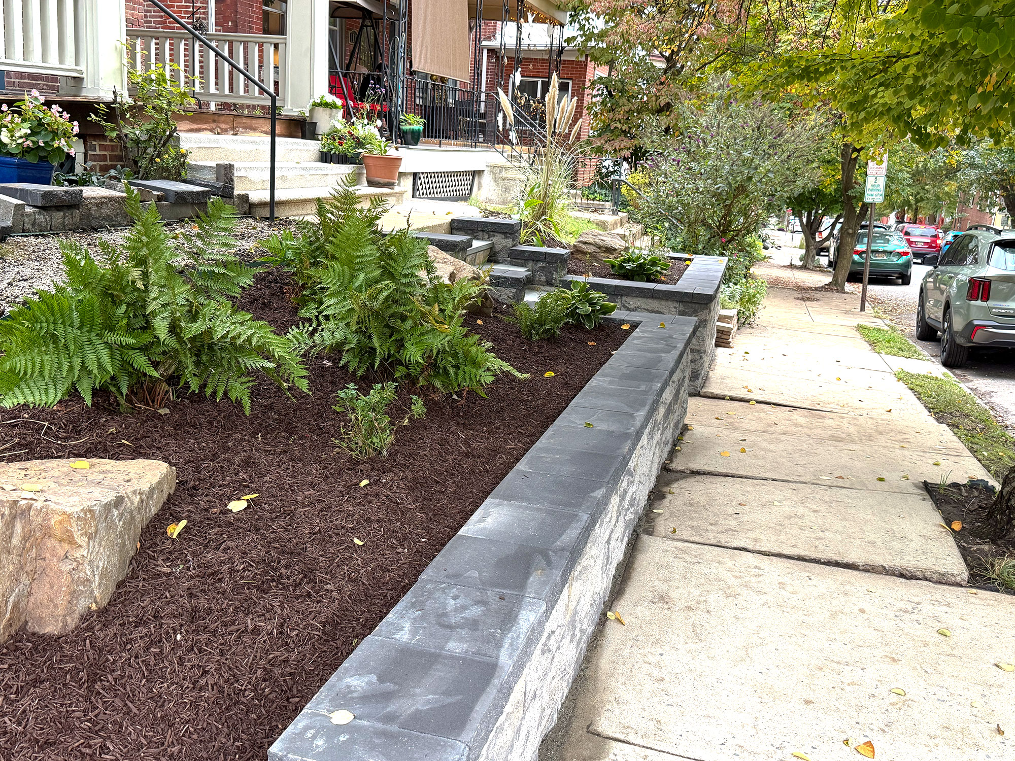 Ferns, hostas and an accent boulder in a freshly mulched bed behind a capped Belgard retaining wall on a city street