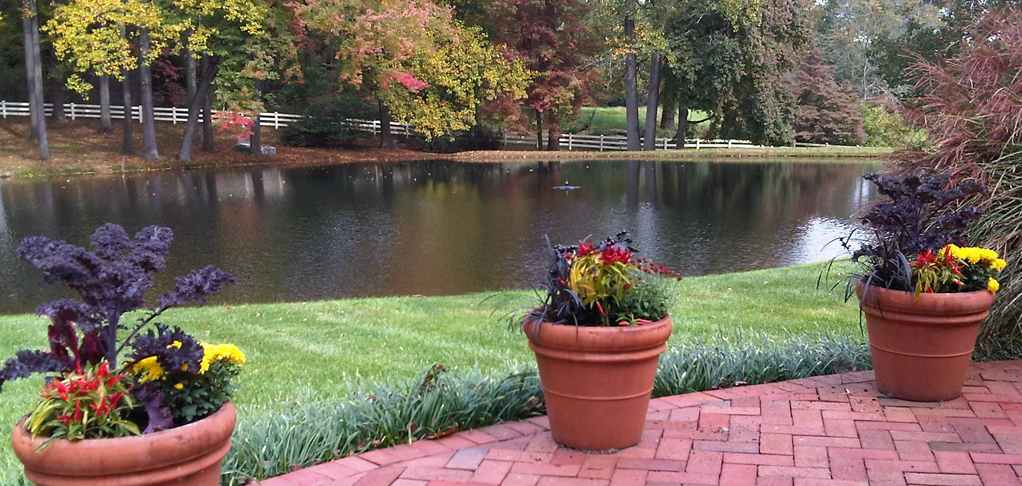 Terracotta containers of purple ornamental kale, red ornamental peppers and yellow mums on a brick patio beside a pond in fall